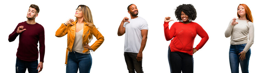 Group of cool people, woman and man proud, excited and arrogant, pointing with victory face