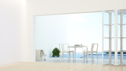 The interior minimal hotel relax space swimming pool 3d rendering and nature view background	