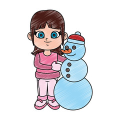 Beautiful girl with snowman cartoon vector illustration graphic design