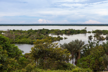 Amazonas, Brazil. View of the Negro River in the flood season and  the Amazon rainforest in the background.