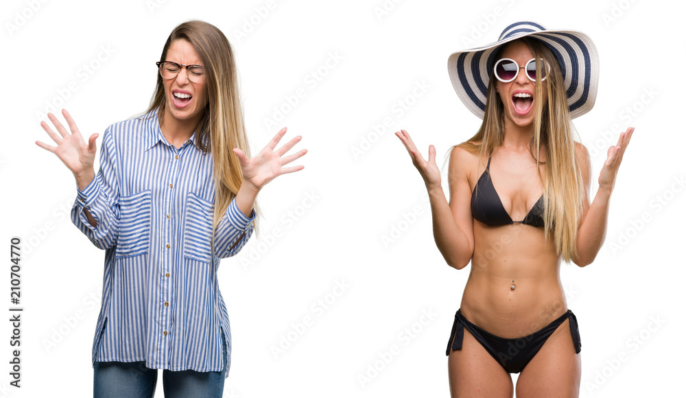 Sticker young beautiful blonde woman wearing business and bikini outfits celebrating mad and crazy for succe