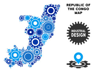 Industrial Republic of the Congo map composition of cogs. Abstract territorial plan in blue color hues. Vector Republic of the Congo map is organized of gearwheels. Concept for industrial service. © Aha-Soft