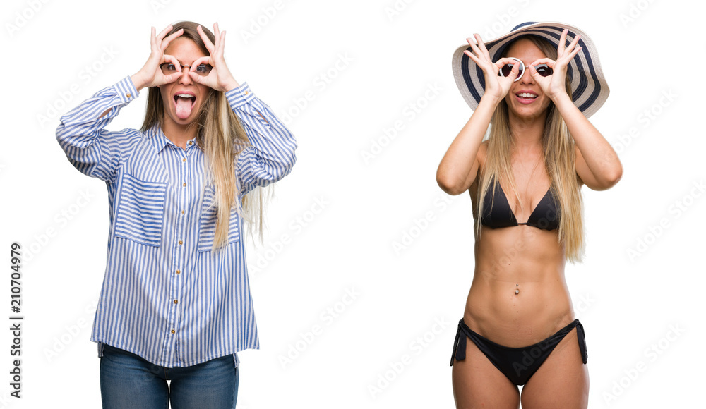 Poster Young beautiful blonde woman wearing business and bikini outfits doing ok gesture like binoculars sticking tongue out, eyes looking through fingers. Crazy expression.