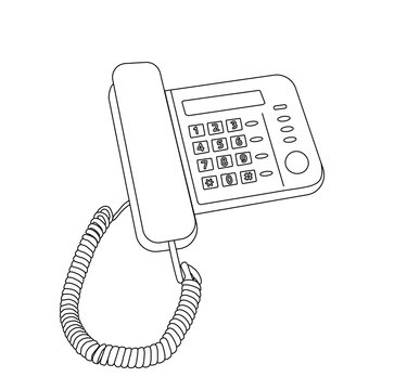 Vector illustration, isolated desktop wired phone with buttons in black and white colors, outline hand painted drawing