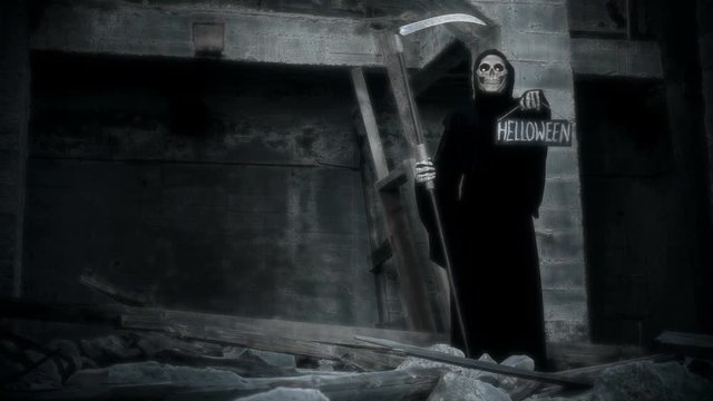 death with a scythe raises a sign with the inscription helloween