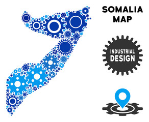 Industrial Somalia map collage of cogs. Abstract territory plan in blue color hues. Vector Somalia map is shaped from cogs. Concept of tuning service. © Aha-Soft