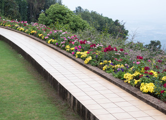 White tile bench terrace with the flower row.