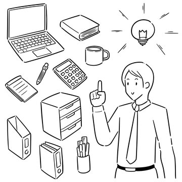 vector set of office worker and office equipment
