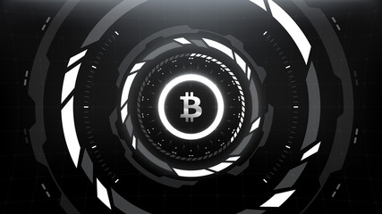 Bitcoin Cryptocurrency Futuristic Sci-Fi Technology Circular HUD Background Illustration. Worldwide Digital Money Blockchain System