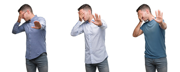 Handsome young man wearing different outfits covering eyes with hands and doing stop gesture with sad and fear expression. Embarrassed and negative concept.