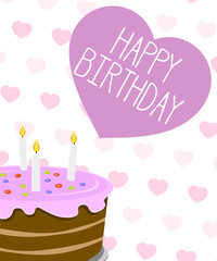 happy birthday greeting card with heart shapes and birthday cake illustration