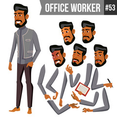 Old Arab Office Worker Vector. Traditional Clothes. Islamic. Face Emotions, Various Gestures. Animation Creation Set. Adult Entrepreneur Business Man. Happy Clerk, Servant, Employee. Illustration
