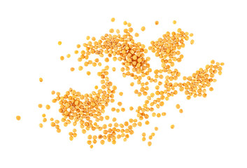 Heap of mustard seeds isolated on white background, top view.