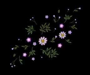 Tiny field flower realistic embroidery. Wild herbs daisy textile print decoration black fashion traditional vector illustration vintage design template. Chamomile plant floral ditsy ornament