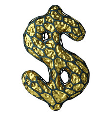Dollar sign made of Golden shining metallic 3D with black cage isolated on white