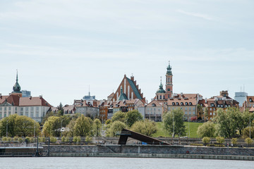 City over the river. Warsaw over the Vistula. The old town is the Polish and Viennese Boulevards. Old and owen parts of the city. Architecture. Temples and churches. High-rise buildings and historic