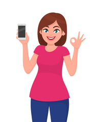 Cute young woman showing smartphone and OKAY/ OK sign. Vector illustration in cartoon style.