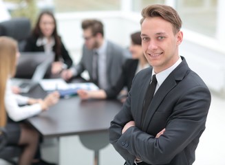 practitioner on the background of business team