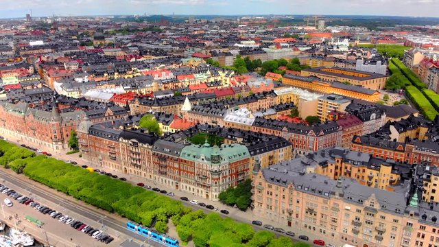 Aerial view of Stockholm Sweden's colorful architecture.
