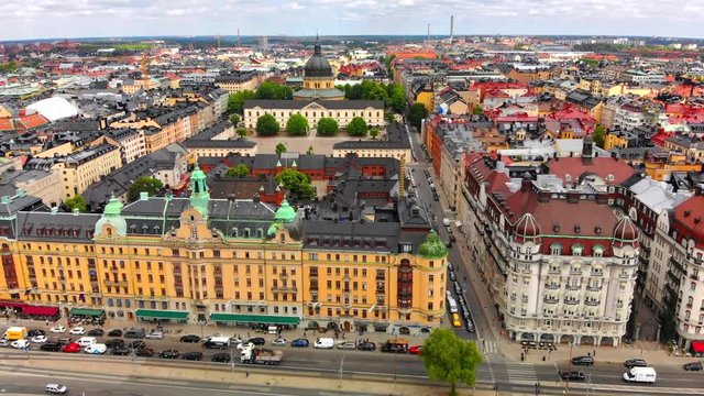 Aerial view of Stockholm Sweden's colorful architecture.
