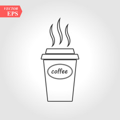Coffee line glass sign icon. Hot coffee button. Hot tea drink with steam. Takeaway. Gray circle button with icon. Vector