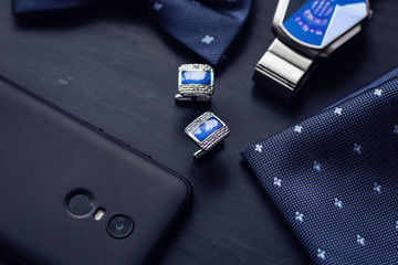 luxury blue fashion men's cufflinks. accessories for tuxedo, butterfly, tie, handkerchief, style watch and smartphone