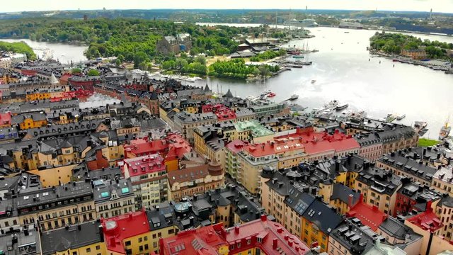 Aerial view of Stockholm Sweden's colorful architecture.
