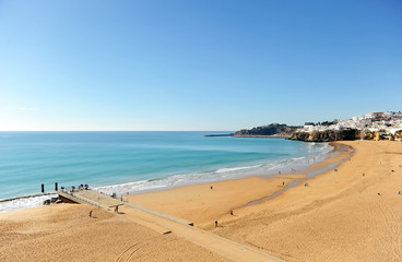 Fototapeta na wymiar Albufeira beach. Bathed by the Atlantic Ocean is one of the most visited by European tourists. Algarve, south of Portugal.