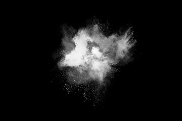 Launched white powder, isolated on black background.