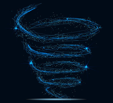 Abstract tornado swirl. Banner. Abstract image of a starry sky or space, consisting of points, lines, and shapes in the form of planets, stars and the universe. Low poly vector