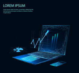 Financial review with laptop and infographic elements. Banner. Abstract image of a starry sky or space, consisting of points, lines, and shapes in the form of  stars and the universe. Low poly vector
