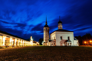 Night view of famous illuminated Ascension Churche in Suzdal, Russia