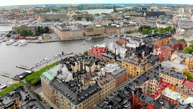 Aerial view of Stockholm Sweden's colorful architecture.
