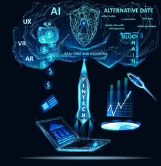 Financial Technology. Fin-Tech concept. Polygonal illustration. Banner. Abstract image of a starry sky or space, consisting of points, lines,  in the form of stars and the universe. Low poly vector