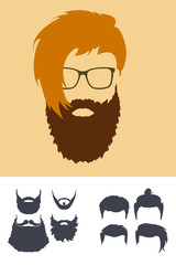 Hipster Fashion Set. Bearded Face Avatar Silhouette. Haircuts, Beards, Glasses, Accessories