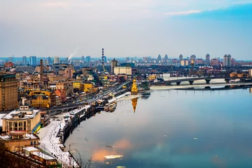 Fotobehang Aerial view of Podol and Dnipro river in the evening in Kyiv, Ukraine © Madrugada Verde