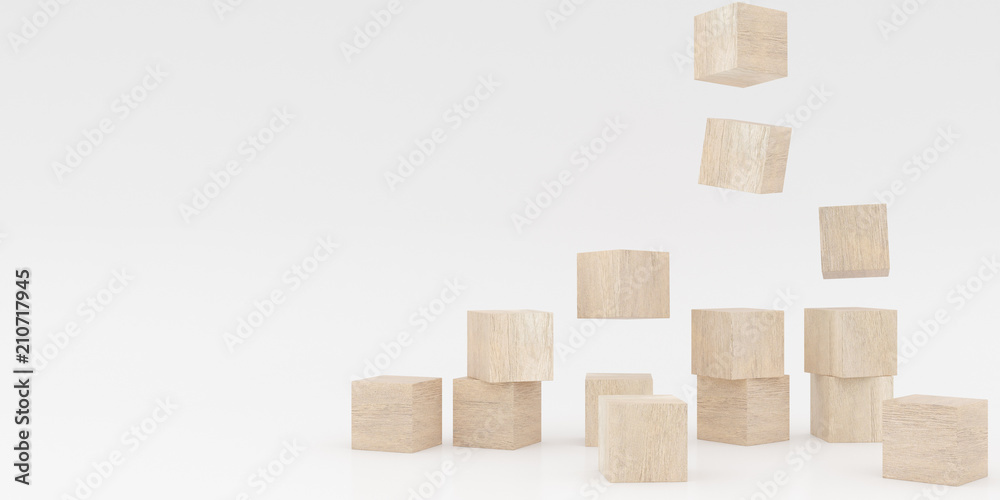 Poster abstract concept of wooden cubes toy isolated on white background, 3d rendering