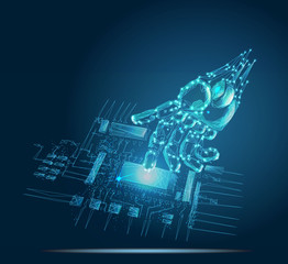 Robotic hand touching digital circuit board with index finger. Banner. Abstract image of a starry sky or space, consisting of points, lines,  in the form of , stars and the universe. Low poly vector