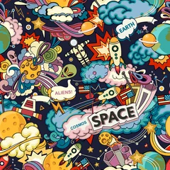 Poster Im Rahmen Kosmos-Vektor-Hintergrund. Nahtloser Hintergrund der Karikatur. Nahtloses Muster mit Cartoon-Weltraumraketen, Kosmonauten, Planeten, Sternen. © lubashka