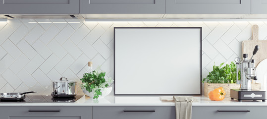 Mock up poster frame in kitchen interior, Scandinavian style, panoramic background, 3d render - obrazy, fototapety, plakaty