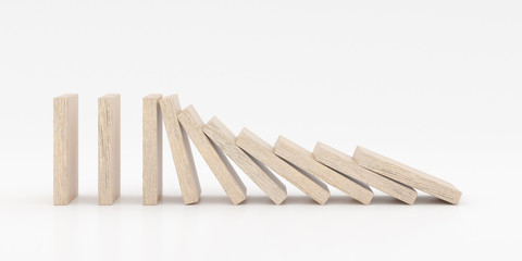 Closeup of wooden dominoes are falling down on white background, 3d rendering