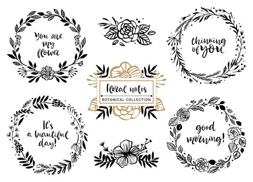 Flower bouquets, wreaths with inspirational quotes. Floral botanical elements. Hand drawn illustration. Nature vector design.