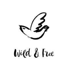 Wild and free. Hand sketched bird logo. Black cut silhouette on a white background. Hand drawn design elements. Vector illustration.