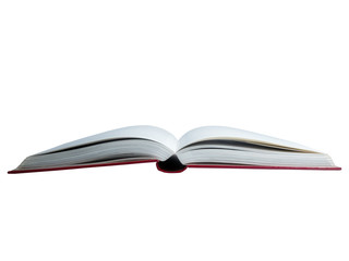 Red covered opened book with pages fluttering. On white background.