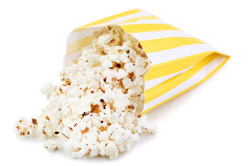 Popcorn in paper bag isolated on white background