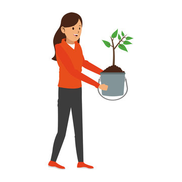 Woman with plant in bucket vector illustration graphic design