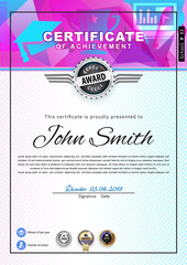 Official white certificate with pink blue triangles and education design elements, graduatioin cap, cup. Clean modern design.. Afstract background