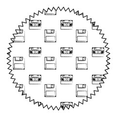 seal stamp with Casette and diskette pattern over white background, vector illustration