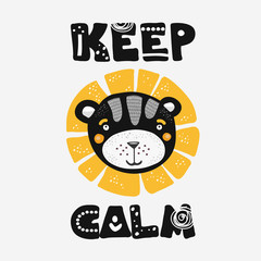 Cute cartoon lion illustration in scandinavian style with keep calm lettering.Printable t-shirt design or poster