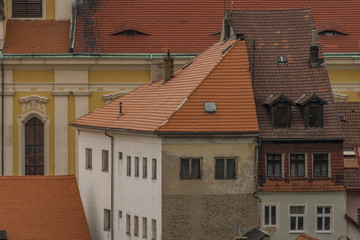 Ustek town with old houses in dark summer day